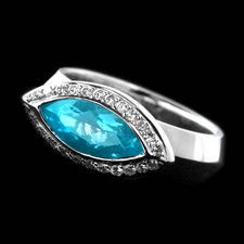 A gorgeous 18kt white gold aquamarine and diamond ring by Jane Taylor. The gem aqua weighs 1.19ct and is surrounded by .24ctw of diamonds. This ring is available in a variety of colored center stones.