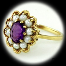 Estate Jewelry 14k gold pearl halo amethyst ring