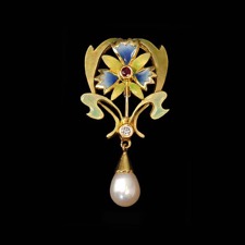This retro-inspired pendant from Nouveau Collection features multi-colored enameling and a drop pearl enhanced with .09ctw in diamonds.