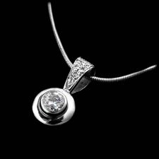 Platinum .50ct round bezel set Chris Correia pendant with pave diamond bail and suspended on a platinum snake chain. Sold as semi mount with a cz center.