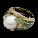 From the Nouveau Collection 18kt yellow gold and .66ctw of diamonds enhance this beautiful white pearl ring with colorful enamel accents. This ring is remarkable is the way the art nouveau inspired design is present throughout the art. 