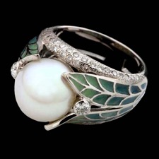 Nouveau Collection 18kt white gold with cool colorful accents of enamel. .66ctw of diamonds and a beautiful pearl complete this ring.