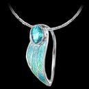 A gorgeous Vitreous Enamel on Sterling Silver Leaf blue Brooch from designer Nicole Barr. Blue Topaz. Rhodium plated for easy care. The pendant measures 40mm in height. The necklace comes with an adjustable 18 inch chain.