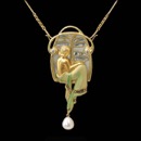 Beautiful 18kt gold and enamel angel pendant from Nouveau Collection, with pearl enhancer.