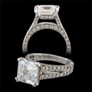 Gumuchian's award-winning platinum Eiffel Tower split shank engagement ring, set with 94 round diamonds, .72ctw. Mounting only. Diamond pave prongs not shown.  This ring should have a 2.0+ carat diamond to accommodate the style of the ring. The shank measures at 5mm and tappers,slim downs, to 2mm towards the end of the ring.