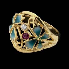 A beautiful piece done in 18kt yellow gold with green enamel flowers, one diamond with a .06ctw and also one ruby.  Designed by Nouveau Collection.