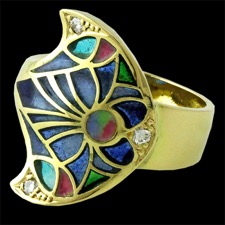 Vylinda's Enchanted Moon Ring from the Art Nouveau Collection:  Custom handmade 18kt yellow gold moon shaped ring with amazing multi-colored enameling and (3)round diamonds .11ctw; measuring approx. 19mm in length; band approx. 4.75mm wide. Can you imagine wearing a ring as colorful as this walking out into the sunlight with the sun beaming on the enamel and 18kt gold lining that illuminates  beautifully from the sun's light, and you find yourself constantly looking at the iridescent's, its absolutely mesmerizing. This ring is a treasure for years to come.
