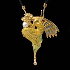 Beautiful 18kt yellow gold fairy pendant from Nouveau Collection, accented with blue and green enamel and a single pearl.