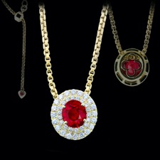 A One-Of-A-Kind 18k yellow gold, fully adjustable box chain. It all started with a GIA certified unheated ruby and grew into this beautiful double halo diamond pendant. 