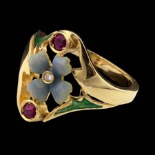 Nouveau Collection 18kt yellow gold ring with green enamels