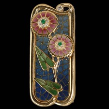 Vivid warm colors flow from this marvelous Nouveau Collection pendant brooch finished in 18kt yellow gold with the beatifully enamelled Lotus flower.