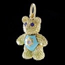 What a cutie! This moveable 18k gold bear charm is hand made from luxury designer Robert Bruce Bielka. This bear features a blue enamel tummy with a diamond in the center and blue sapphire eyes. This bear can be worn as a pendant or other charm for a bracelet. Measures 25.5mm height, including the bail, by 15mm in width.