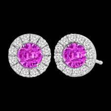 Beautifully colorful pink sapphire and diamond earrings by Spark Creations. These 18 karat white gold earrings feature 0.40 carats of hot pink sapphire as centers and 0.15 carats in round brilliant cut diamonds to sparkle the edges. These earrings will get a lot of use and look great doing it. The earrings are also available in emerald, ruby, and diamonds. Call for pricing for the other different combinations. 