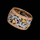 Lovely Beverley K 18k tri-color gold floral wedding band featuring .15ct in diamonds, 11ct pink sapphires & .14ct. yellow sapphires. This piece is 11.5mm in width.  This is available in all white or yellow gold with all diamonds and sapphires.
