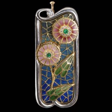 Vibrant cool colors surround the beatifully enamelled Lotus flower in this 18kt white gold brooch-pendant from Nouveau.