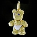 A cute baby teddy bear, with diaper, made of 18k gold from Robert Bruce Bielka. This bear charm has moveable parts and features blue sapphire eyes. Measures approximately 26mm tall by 15mm in width. A great gift for anyone who just had a baby.