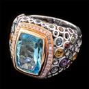 Beautiful blue topaz multi-color gemstone sterling silver Bellarri ring. The blue topaz has a total carat weight of 7.75 and is surrounded by diamond halos that has a weight of 0.18tcw. The metal of the diamond halo is 18K gold. A great Bellarri Jewelry ring.
Dimensions: 20mm x 14mm.