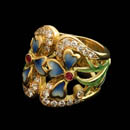 An exotic 18kt gold, diamond, and ruby enameled ring from Nouveau collection, set with .55ctw of VS F-G diamonds. There are 30 diamond total and 2 rubies in the center. This ring measures 22mm in height. Just wonderful!