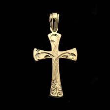 18kt yellow gold snowdrop cross by William Morris designed for Charles Green. The piece is 1 3/8 inches in length and 5/8 inches in width.  The engraving is all done by hand and is just beautiful.