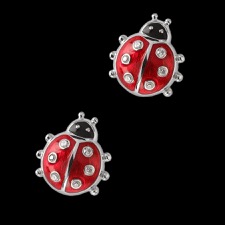 Ladybug post earrings. These earrings measure 12mm. These will look perfect for a pop of color to brighten your day and white sapphire spots to make it shine. Made with .925 Sterling Silver, plated in rhodium for easy care. 