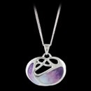 A pretty Vitreous Enamel Sterling Silver Art Nouveau Necklace. The pendant features a Lavender enamel design. The pendant measures 25mm in width. 18 inch chain. Rhodium Plated for easy care.