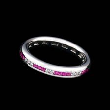 Whitney Boin Post Collection platinum random wedding band in diamond and pink sapphire. 3.5mm wide. This band contains .16ct. total weight in round brilliant diamonds and .30ct. total weight in pink sapphires.
