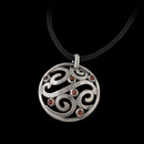 This unique Bastian Sterling Silver and Garnet pendant is suspended on a black cord.  The pendant measures 1 1/4" in diameter and the cord adjusts from 18.5" to 19 inches.
