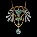 An elegant 18kt yellow gold necklace with multi-colored enamel and a large aquamarine, designed by Nouveau Collection. The necklace also includes 3 beautiful blue sapphires and 48 round diamonds. The total carat weight of the diamonds is 0.73tcw. This piece measures 55mm x 46mm and weighs 19.8 grams.