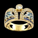 A gorgeous Nouveau Collection 18k gold blue sapphire and diamond ring. This ring has a total of 21 diamonds that has a total carat weight of 0.22tcw. The bottom of the ring features 12 princess cut blue sapphires that have a total carat weight of 0.38tcw. The size of the ring is 12mm x 21mm and weighs 6.40 grams. 