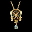 This beautiful 18kt yellow gold necklace from Nouveau Collection is set with 16 white diamonds totaling 0.21ct and one large aquamarine. This piece measures 36mm x 21mm.