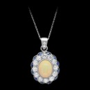This necklace is 14k white gold and features a stunning opal and diamond pendant from Beverley K. Behind the round diamonds are an array of blue sapphire that give the opal a grand pop of color. The center opal has a carat weight of 1.25. The diamonds have a total carat weight of 0.71 and the blue sapphires have a total carat weight of 0.52. The necklace is made from 14k white gold. The matching ring to this pendant is 212PP1. Create the perfect combination between your hand and necklace with these two pieces. A Intricate design and craftsmanship represented in a graceful, yet architectural design.  