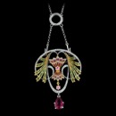 This beautiful 18kt white gold multicolored enamel necklace is set with 0.58ctw white diamonds, two light pink saphires, and one large pink tourmaline. The measurements of this Nouveau Collection piece are 55mm x 46mm.  
Chain sold separately.
