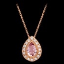 A beautiful morganite and diamond rose gold Beverley K necklace. This necklace is 14k rose gold and features a tear drop design. In the center of the pendant is a morganite that has a carat weight of 0.44. Surrounding the morganite are diamonds in a halo fashion. The total carat weight of the diamonds is 0.13tcw. 