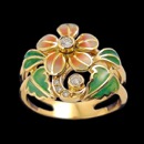A unique one of a kind ring that is sure to stand out. This ring is from the Nouveau Collection and is made of 18k gold. This features an enamel floral design. There are 5 diamonds in total on this ring, with a total carat weight of 0.12tcw. This ring is hand made by one of the last master craftsman. The measurements of the ring are 21mm x 20mm and weighs 5.68 grams.