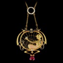 A stunning Nouveau Collection 18kt yellow gold necklace is set with three white diamonds equaling up to 0.20ct and one large pink tourmaline. The measurements of this piece are 48mm x 45mm.  Chain sold separately.