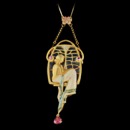 This beautiful Nouveau Collection 18kt yellow gold piece is set with multicolored enamel, one tourmaline and two pink saphires. There are also many beautiful diamonds set inside this piece equaling up to 0.08ct. The measurements of this piece are 75mm x 32mm. Chain sold separately.