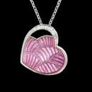 This heart pendant measures at 15mm across and 13mm top to bottom. This features white sapphires, set in sterling silver, plated with rhodium for easy care. The pink center reflects and moves with the light giving it a 3D effect. chain is 18 inches and is fully adjustable.