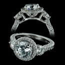 Simply stunning Michael B. ladies pave set diamond eternity engagement ring.  The 1.5ct center diamond (not included) is surrounded by a pave halo and there are two .33ct each round 3-prong side diamonds.  Please call for center stone pricing.   