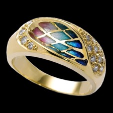 A stunning art nouveau inspired ring from the Nouveau Collection. The ring is made from 18k gold and a multi-color enamel center that is surrounded by diamonds. There are 14 diamonds with a total carat weight of 0.24tcw and weighs 5.8 grams. The rings measures 8.65mm x 18mm.