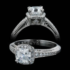 A very pretty platinum diamond pave engagement ring by Beaudry.  The ring is set with .23ctw of diamonds. Shank is 3.09mm in width. Center will hold approximately 5.5mm to 5.5mm Assher, princess or square cushion cut.  center diamond not included. Finger Size 6 in stock.