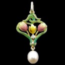 A neat triple tulip enamel and gold pendant that is sure to garner position attention. The pendant is made from 18k gold and features one pearl and one diamond. The diamond measures 2.2mm in diameter or 0.04cw. The size of the pendant is 35mm by 17mm and weighs 3.60 grams.