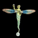 A unique fairy nymph dragonfly girl pendant. The fairy is from the Nouveau Collection designed by Enric Torres. Most of the pendant is enamel and features 16 diamonds in total with a total carat weight of 0.26tcw. A single pearl dangles towards the bottom of the pendant. This piece measures 77mm by 78mm.