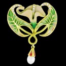 A beautifully designed art nouveau inspired pendant made in 18k gold. This pendant would be perfect for a chain at least 20'' in length. The green and yellow enamel goes well with the tulip design. The pendant features 15 diamond that have a total carat weight of 0.22tcw and one pearl that dangles on the bottom. The size of the pendant is 39mm by 49mm and weighs 14 grams.