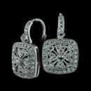 From Beverley K, a pair of diamond lever back earrings that have a diamond cushion border that surrounds an intricate tulip designed center.  These earrings are 18K white gold and have a total diamond weight of .59ct. 