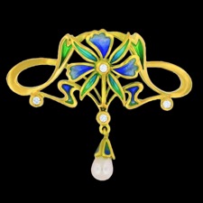 Nouveau Collection blue and green enameled pearl pendant