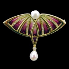 A one of a kind art nouveau inspired pearl pendant. This piece is made from 18k gold, with enamel color. There are 25 round diamonds on the embossed pattern with a total carat weight of 0.27tcw. The size of this piece measures 52mm x 45mm and weighs 15.26 grams