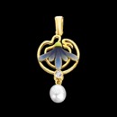 A cute and classic blue enamel 18k gold art nouveau inspired pendant. This work of art, features one diamond with a carat weight of 0.10cw. Below the diamond is a single pearl. This pendant measures 37mm x 17mm and weighs 4.7 grams