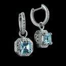 A beautiful pair of Blue Topaz and diamond huggies Beverley K earrings.  The dangling charms are each made up of 2.99ctw of square emerald cut blue topaz  and is surrounded by an asscher shaped pave diamond border.  There is an intricate filigree design on the sides of the charms. There is a total of .26ct of diamonds.   